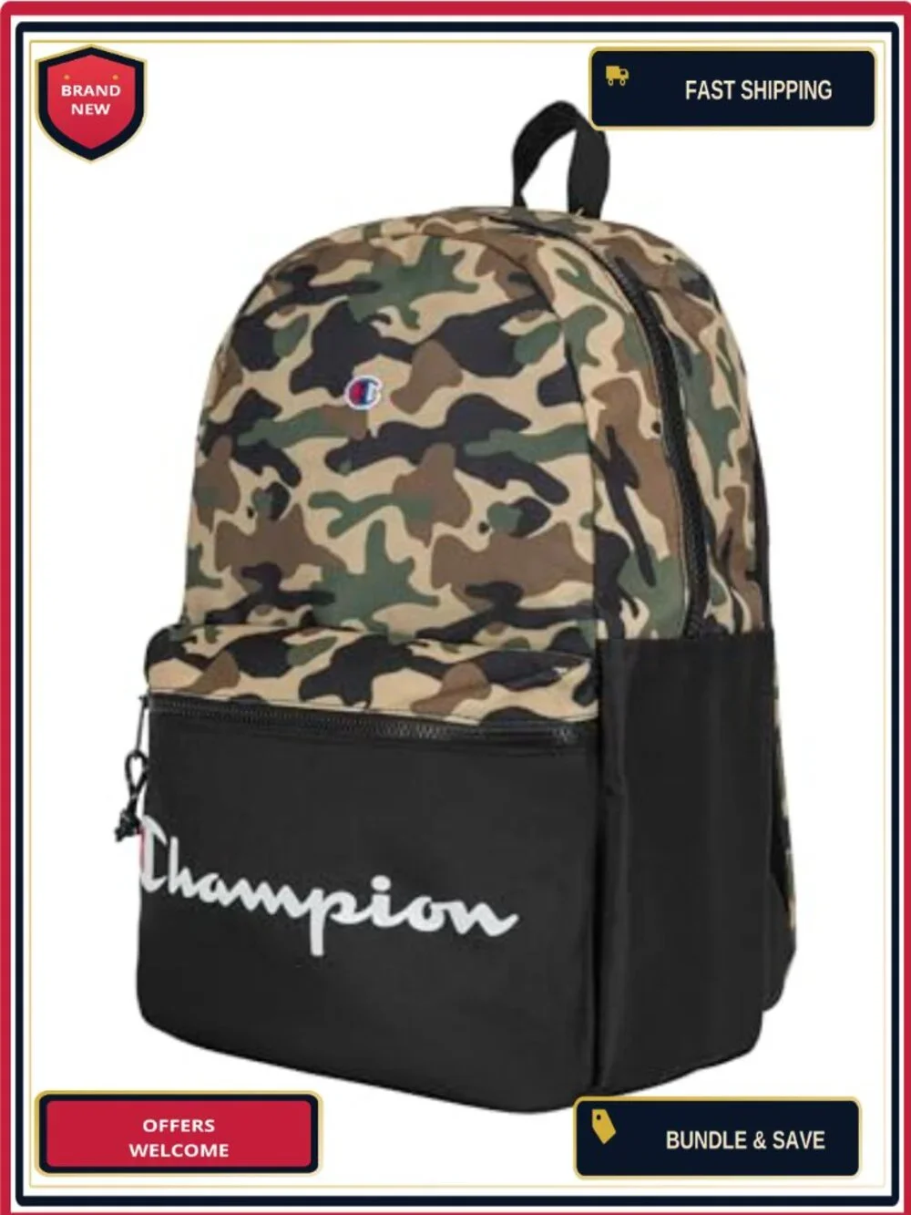 Champion Manuscript Backpack Polyester Laptop Compartment Water Bottle Pocket